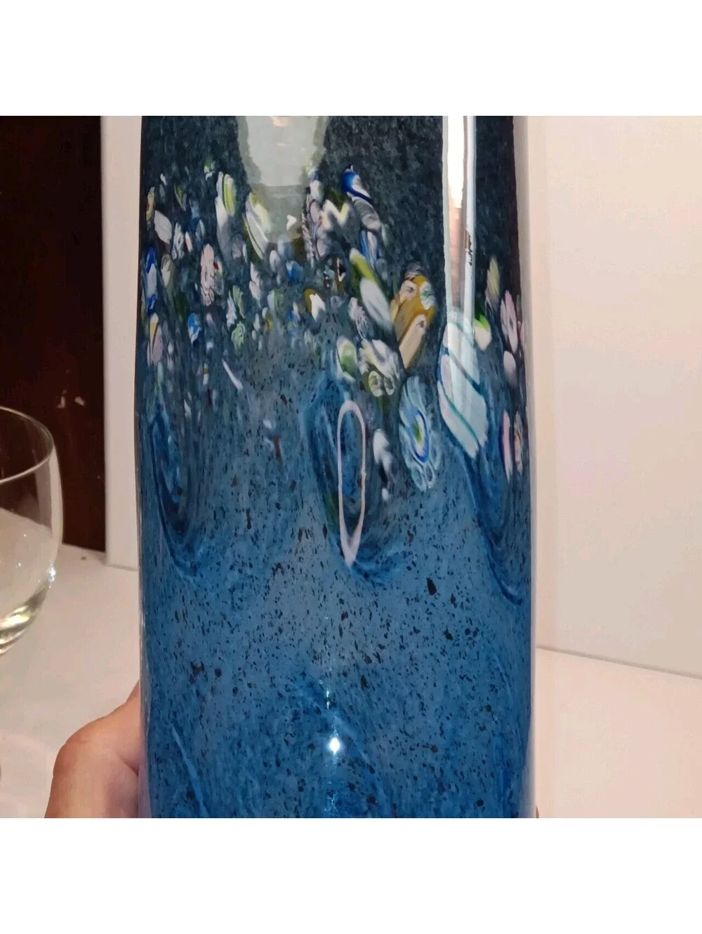 Vintage Blue Millefiori Hand Blown Art Glass Cylinder Vase 8.25